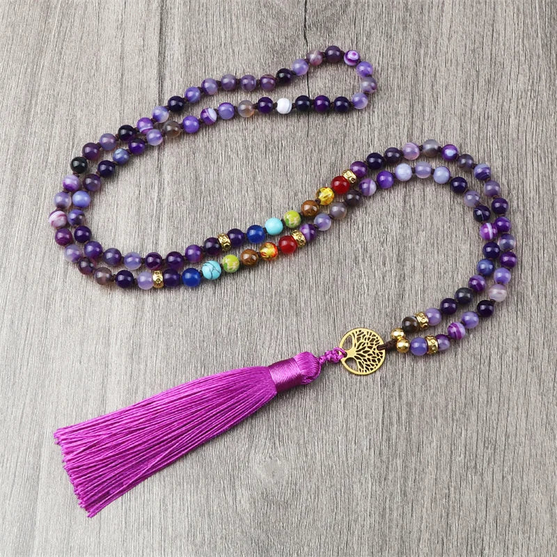 Natural Purple Agate Stone Mala Beads with Long Tassel