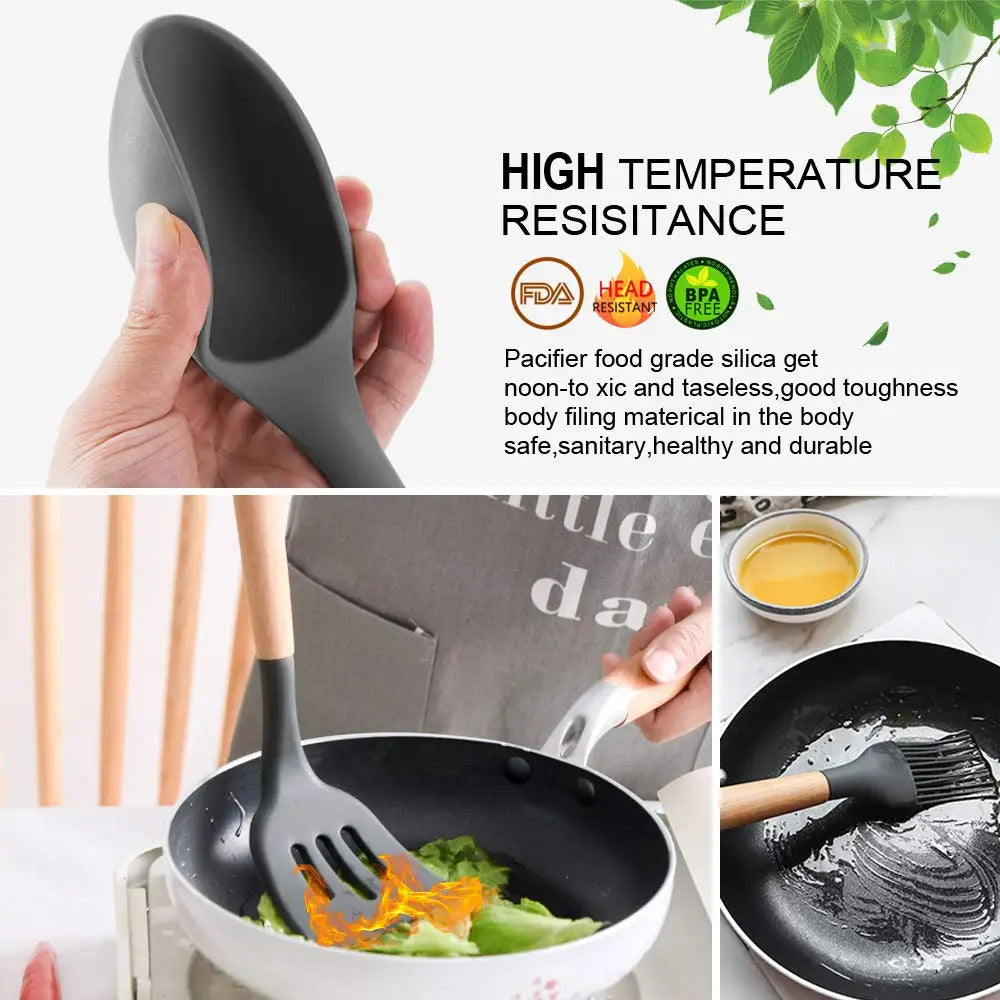 Eco-Friendly Silicone Kitchen Utensils Set with Wooden Handles