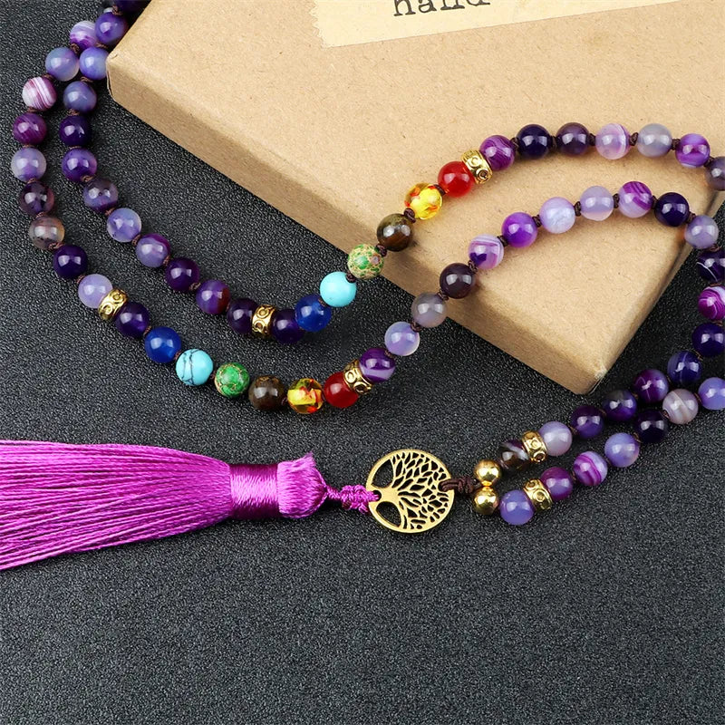 Natural Purple Agate Stone Mala Beads with Long Tassel