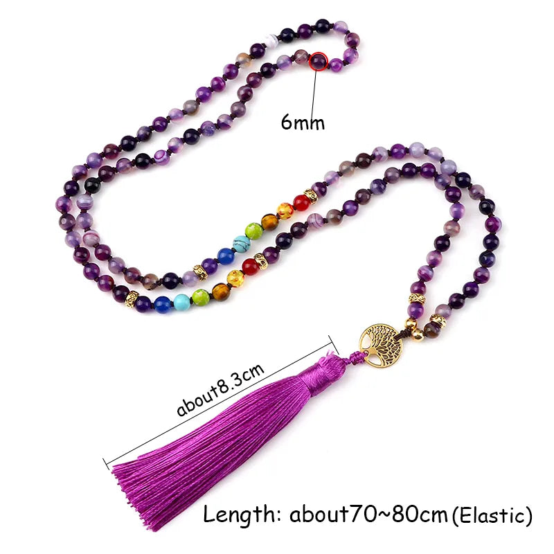 Natural Purple Agate Stone Mala Beads with Long Tassel