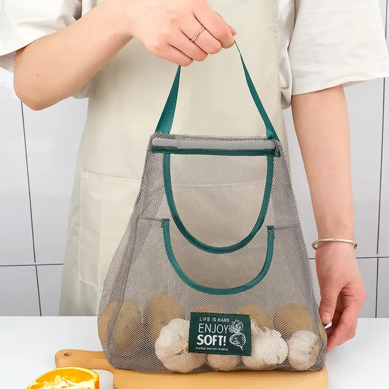 Mesh Net Reusable Fruit Vegetable Hanging Storage Bag: Organize Garlic, Onions, and More in Your Kitchen