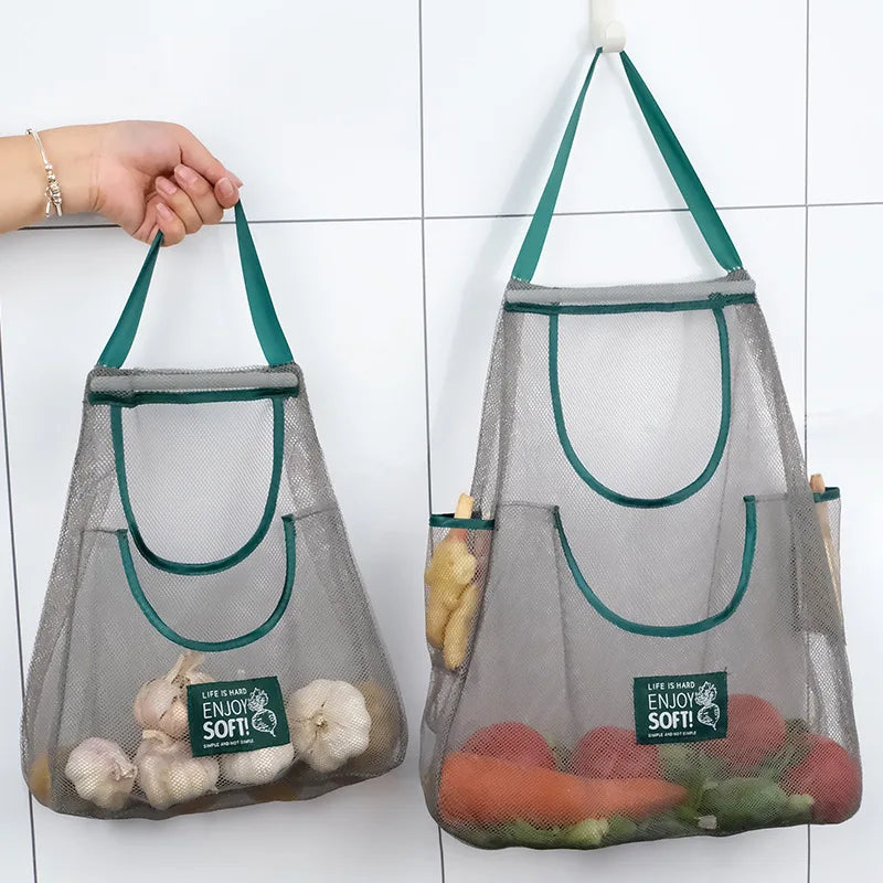 Mesh Net Reusable Fruit Vegetable Hanging Storage Bag: Organize Garlic, Onions, and More in Your Kitchen