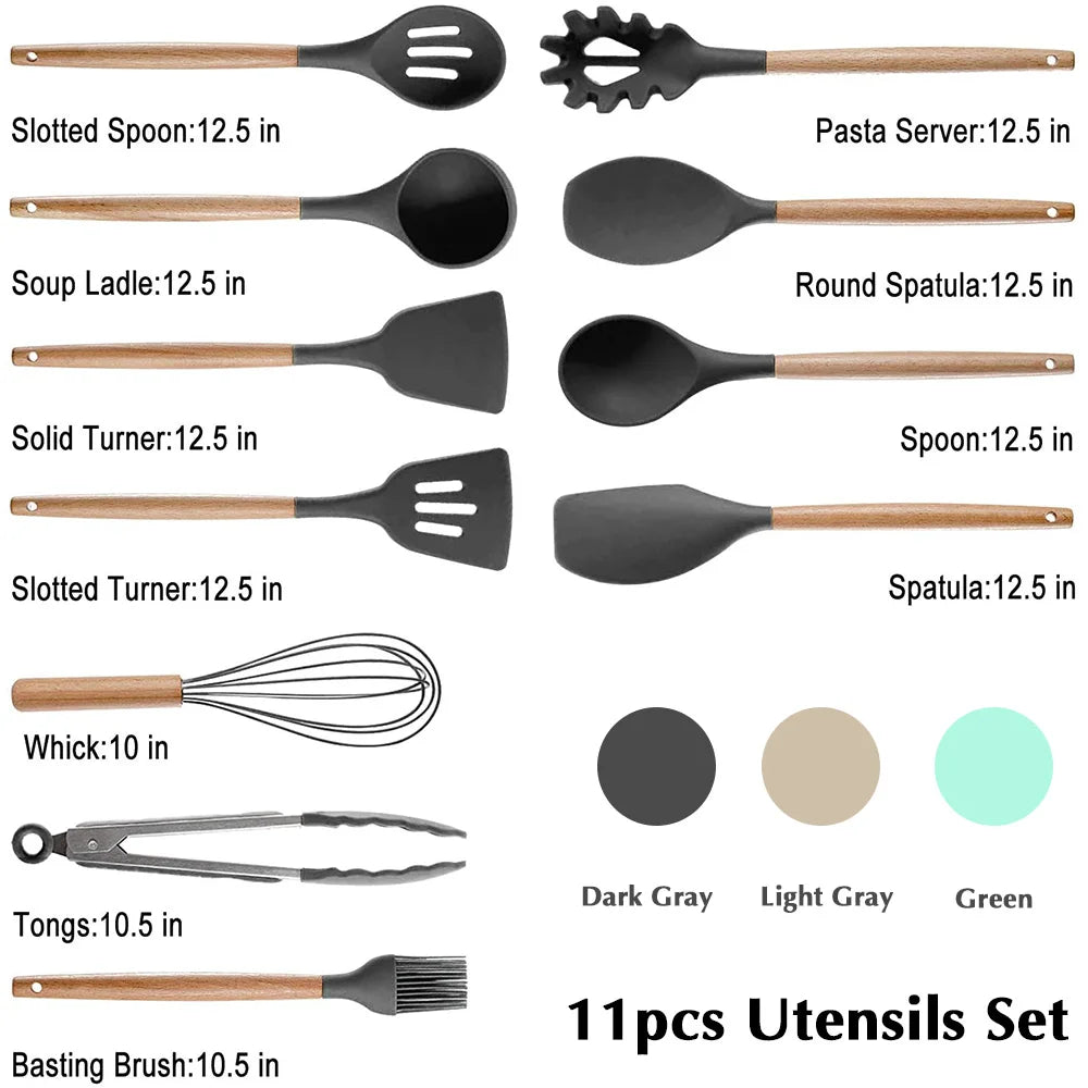 Eco-Friendly Silicone Kitchen Utensils Set with Wooden Handles