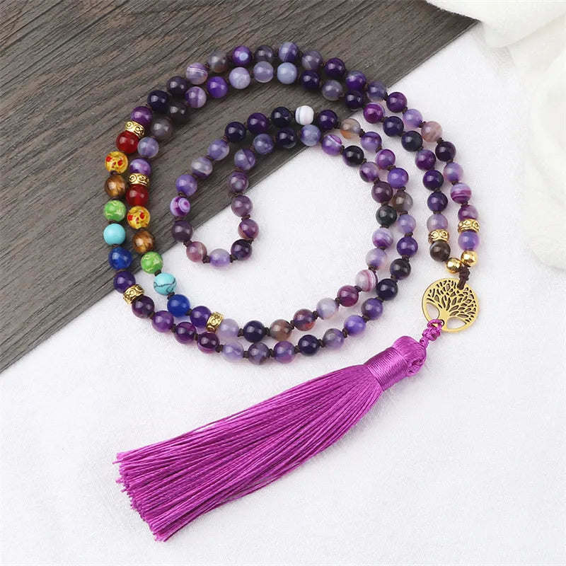 Natural Purple Agate Stone Mala Beads with Long Tassel