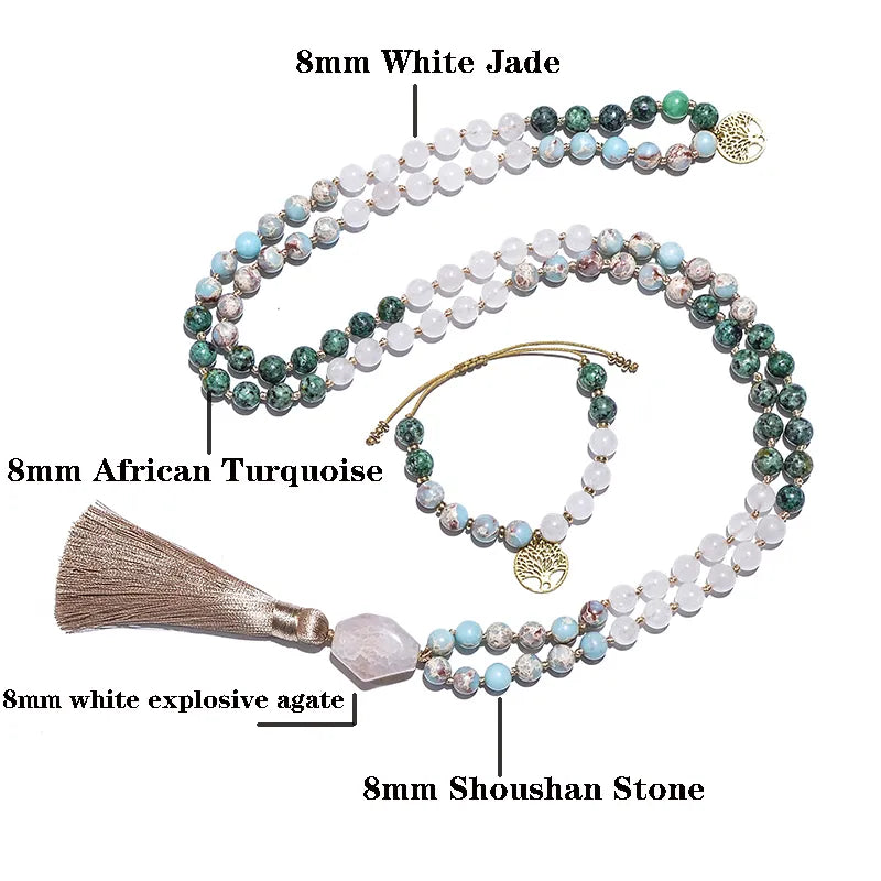 White Jade, African Turquoise & Emperor Jasper Mala Beads Japamala Necklace