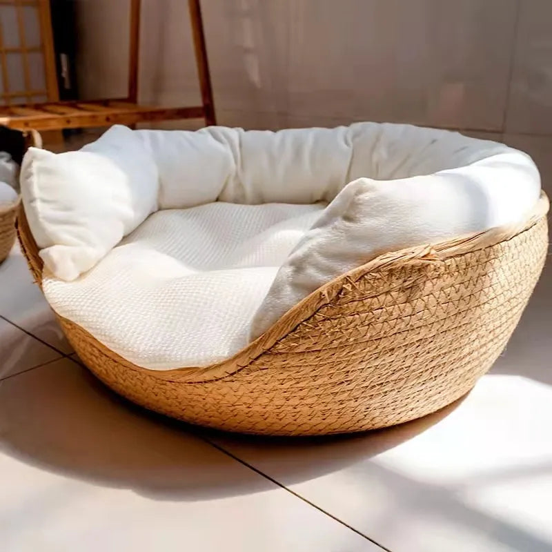 Bamboo Pet Bed Cozy Baskets with Waterproof Removable Cushion & Cover