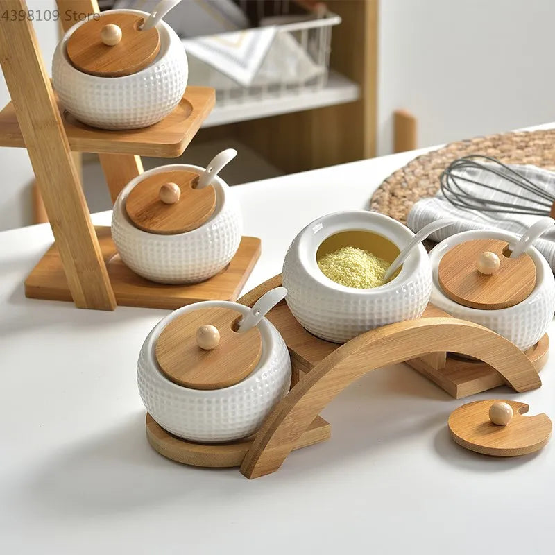 Household Kitchen Supplies Seasoning Jar Ceramic Cruet Salt Pepper Bottle Bamboo Tray Kitchen Seasoning Tool Storage Tank