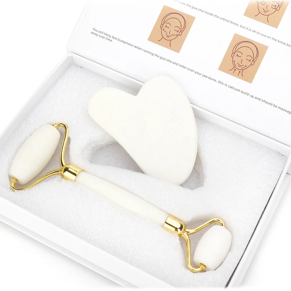 White Crystal Jade Gua Sha Roller Set