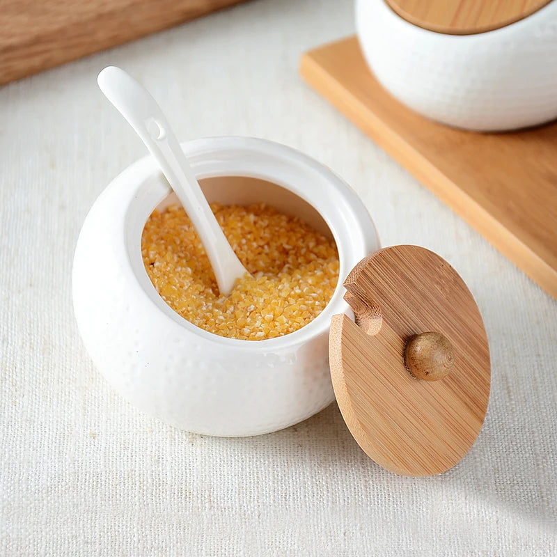 Household Kitchen Supplies Seasoning Jar Ceramic Cruet Salt Pepper Bottle Bamboo Tray Kitchen Seasoning Tool Storage Tank