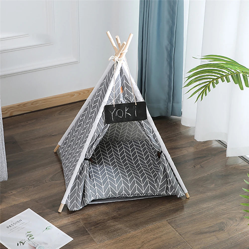 Cool Linen Nordic Style Pet Tepee with Blackboard Nameplate