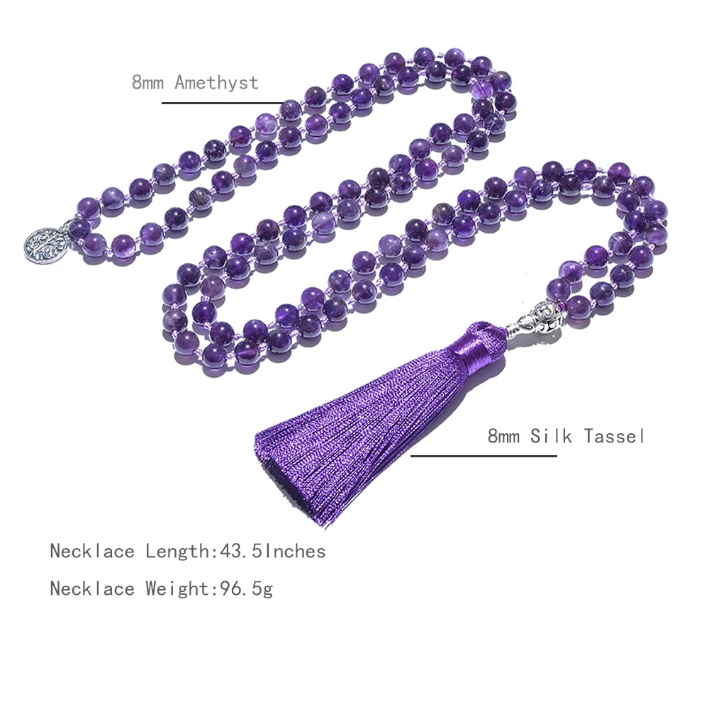 Natural Amethyst Mala Bead Necklace with Charm & Tassel