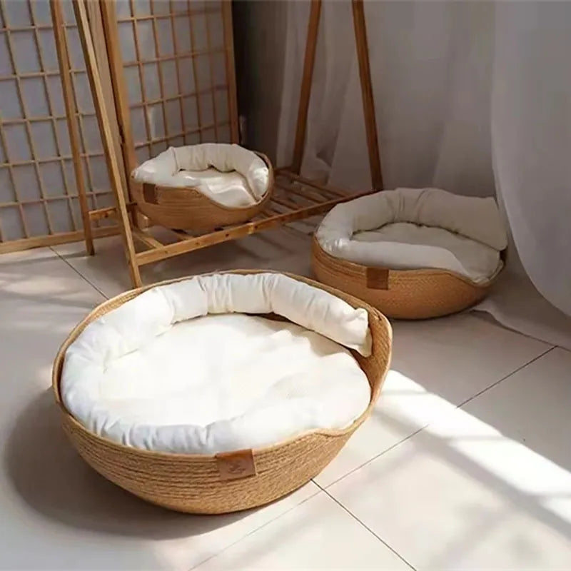 Bamboo Pet Bed Cozy Baskets with Waterproof Removable Cushion & Cover