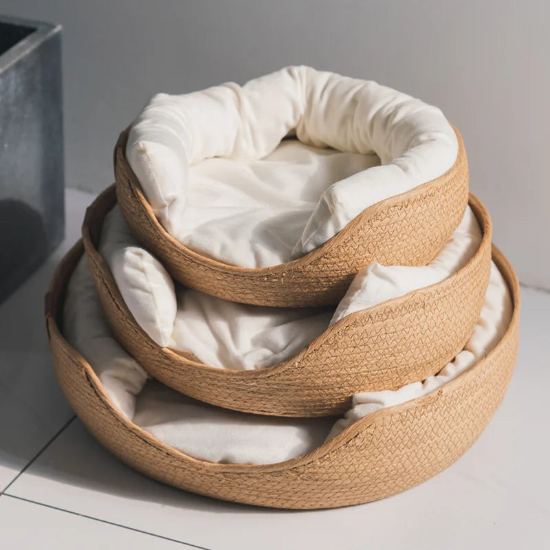 Bamboo Pet Bed Cozy Baskets with Waterproof Removable Cushion & Cover